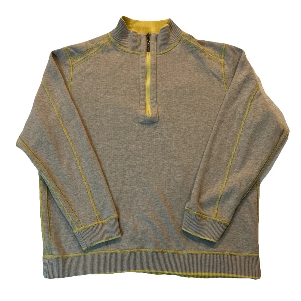 Tommy‎ Bahama Pullover Mens XL Yellow Grey Reversible Quarter Zip Ribbed Sweater